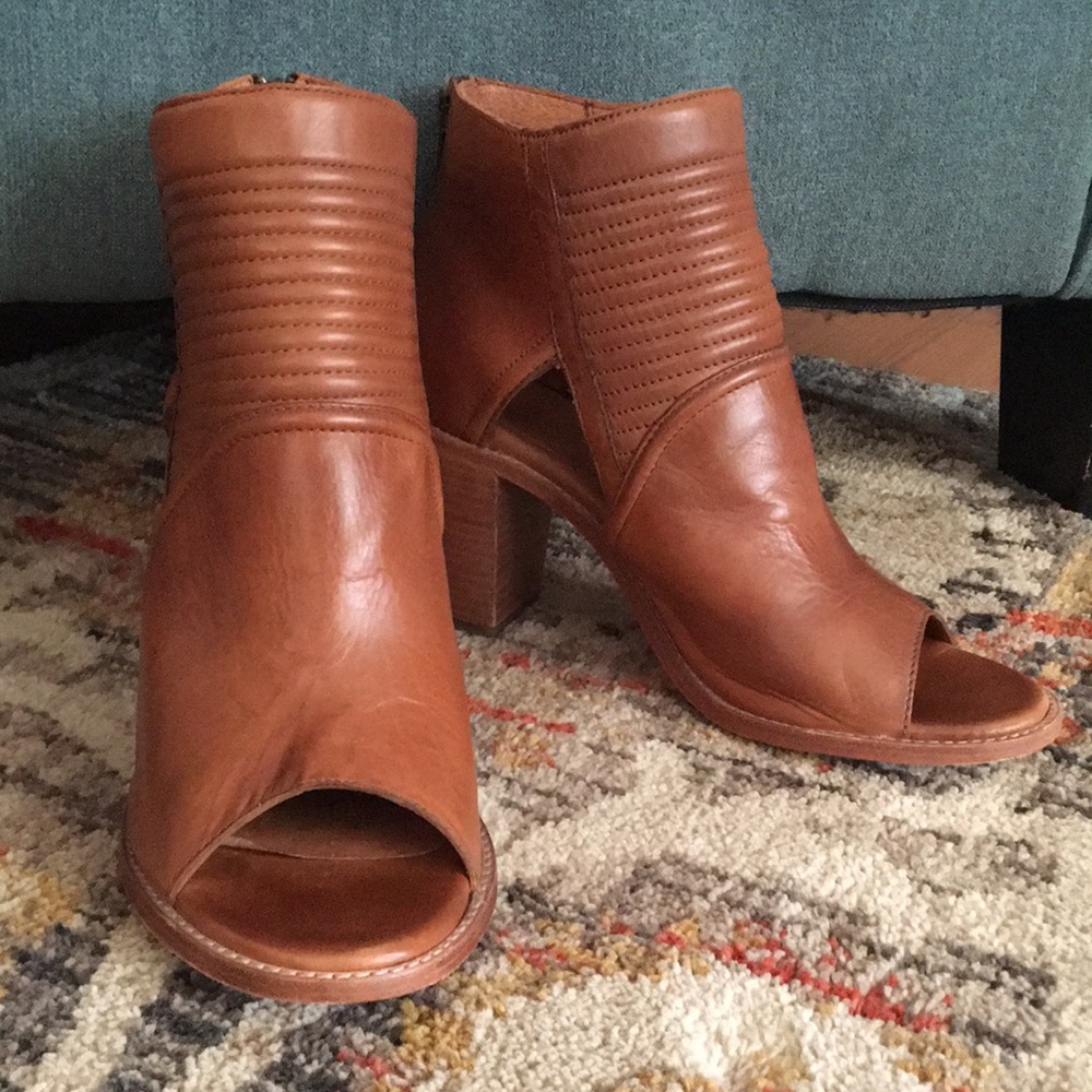 Frye leather open toed booties with moto detailing